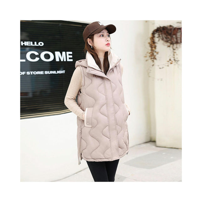 Long Puffer Vest for Women Sleeveless Hooded Jacket Full Zip Winter Coats with Pockets