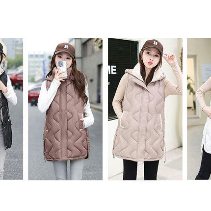 Long Puffer Vest for Women Sleeveless Hooded Jacket Full Zip Winter Coats with Pockets