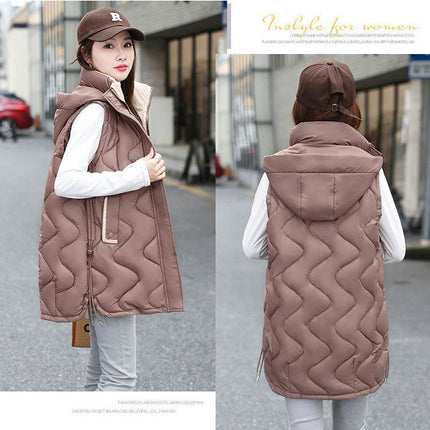 Long Puffer Vest for Women Sleeveless Hooded Jacket Full Zip Winter Coats with Pockets