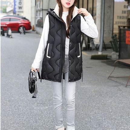 Long Puffer Vest for Women Sleeveless Hooded Jacket Full Zip Winter Coats with Pockets