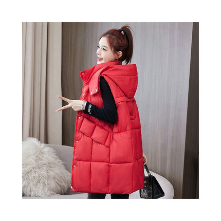 Womens Long Vest Winter Warm Coats Sleeveless Jacket Hooded Zipper Outwear with Pockets