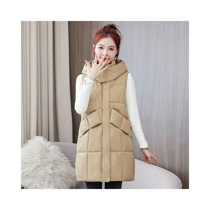 Womens Long Vest Winter Warm Coats Sleeveless Jacket Hooded Zipper Outwear with Pockets