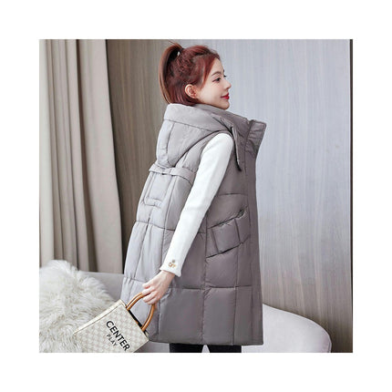 Womens Long Vest Winter Warm Coats Sleeveless Jacket Hooded Zipper Outwear with Pockets