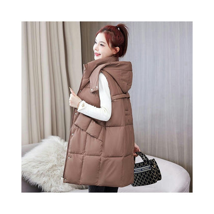 Womens Long Vest Winter Warm Coats Sleeveless Jacket Hooded Zipper Outwear with Pockets