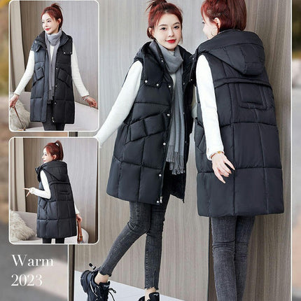Womens Long Vest Winter Warm Coats Sleeveless Jacket Hooded Zipper Outwear with Pockets