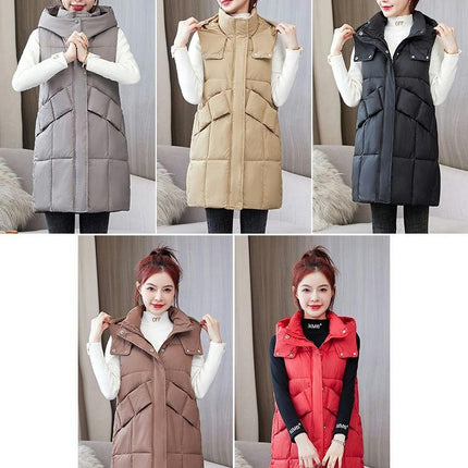 Womens Long Vest Winter Warm Coats Sleeveless Jacket Hooded Zipper Outwear with Pockets