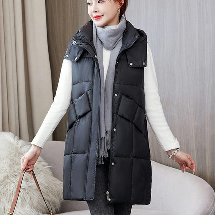 Womens Long Vest Winter Warm Coats Sleeveless Jacket Hooded Zipper Outwear with Pockets