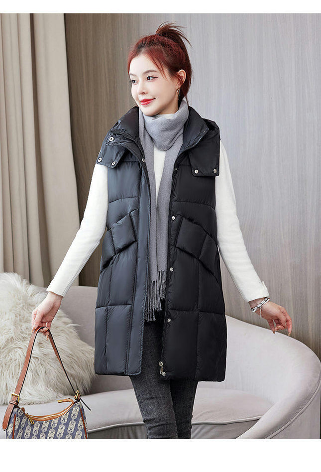 Womens Long Vest Winter Warm Coats Sleeveless Jacket Hooded Zipper Outwear with Pockets