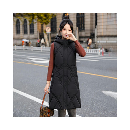 Womens Long Puffer Vest Winter Warm Sleeveless Jacket Hooded Full Zip Coat with Pockets