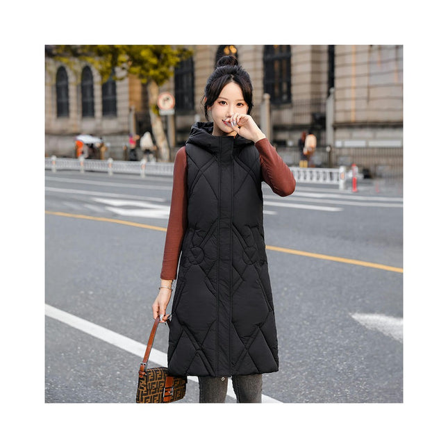 Womens Long Puffer Vest Winter Warm Sleeveless Jacket Hooded Full Zip Coat with Pockets