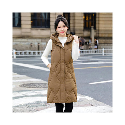 Womens Long Puffer Vest Winter Warm Sleeveless Jacket Hooded Full Zip Coat with Pockets