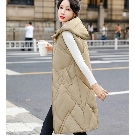 Womens Long Puffer Vest Winter Warm Sleeveless Jacket Hooded Full Zip Coat with Pockets