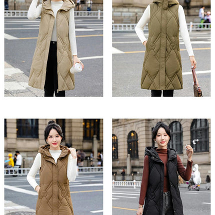 Womens Long Puffer Vest Winter Warm Sleeveless Jacket Hooded Full Zip Coat with Pockets