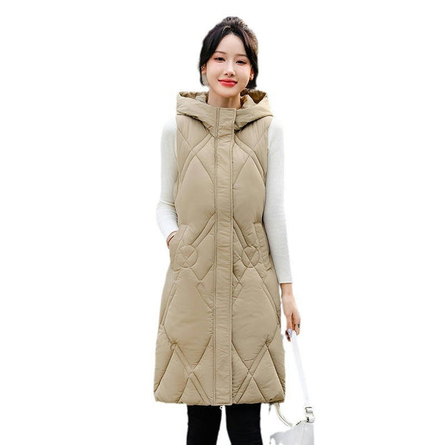 Womens Long Puffer Vest Winter Warm Sleeveless Jacket Hooded Full Zip Coat with Pockets