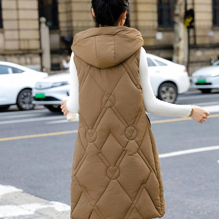 Womens Long Puffer Vest Winter Warm Sleeveless Jacket Hooded Full Zip Coat with Pockets