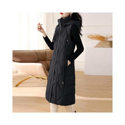Women's Winter Hooded Long Puffer Vest Full Zip Casual Sleeveless Coats Jacket