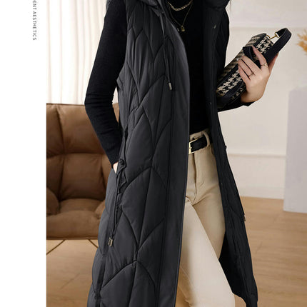 Women's Winter Hooded Long Puffer Vest Full Zip Casual Sleeveless Coats Jacket