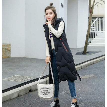 Women's Long Puffer Vest Hooded Maxi Length Sleeveless Winter Padded Coat