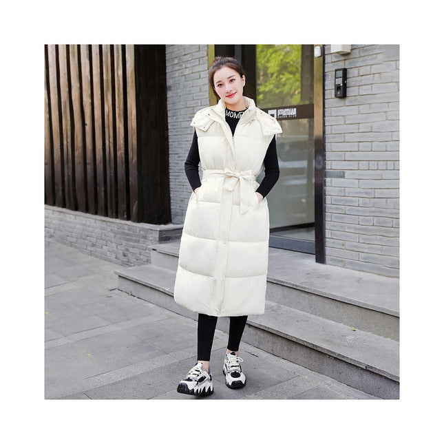 Women's Long Quilted Puffer Vest Casual Sleeveless Jacket Hooded Full Zip Coat