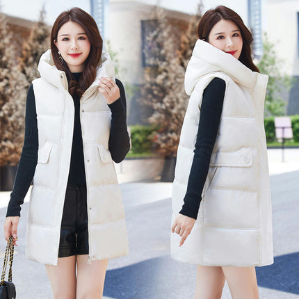 Women Quilted Sleeveless Jacket Puffer Vest Hooded Long Coat Winter Warm Outwear