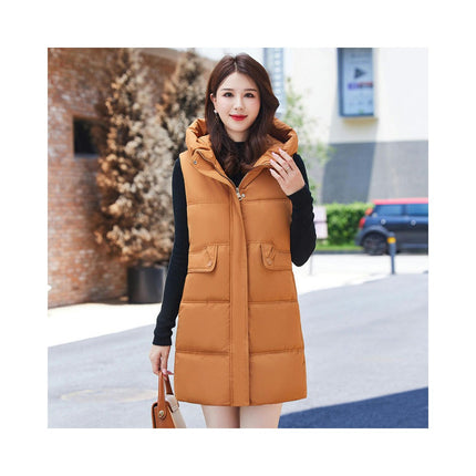 Women Quilted Sleeveless Jacket Puffer Vest Hooded Long Coat Winter Warm Outwear
