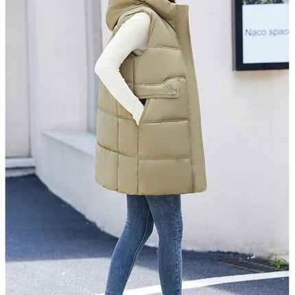 Women Quilted Sleeveless Jacket Puffer Vest Hooded Long Coat Winter Warm Outwear