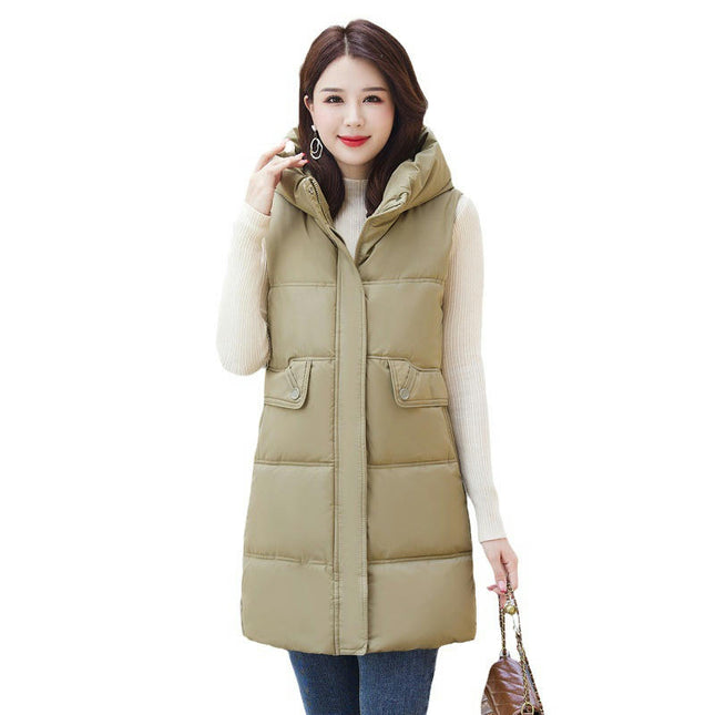 Women Quilted Sleeveless Jacket Puffer Vest Hooded Long Coat Winter Warm Outwear