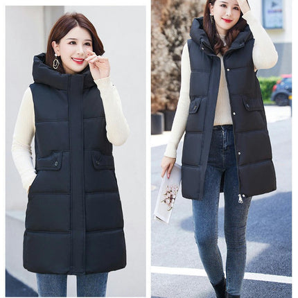 Women Quilted Sleeveless Jacket Puffer Vest Hooded Long Coat Winter Warm Outwear