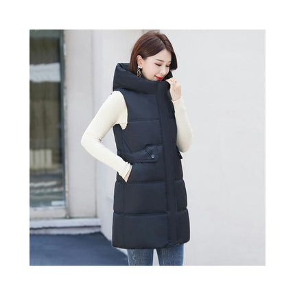 Women Quilted Sleeveless Jacket Puffer Vest Hooded Long Coat Winter Warm Outwear