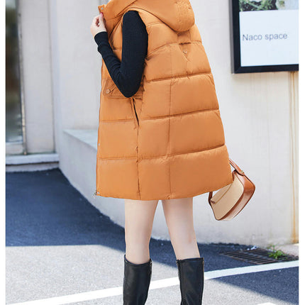 Women Quilted Sleeveless Jacket Puffer Vest Hooded Long Coat Winter Warm Outwear