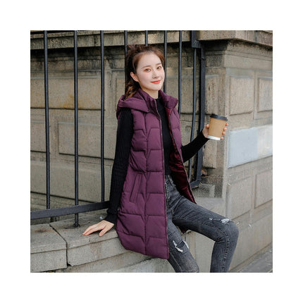Women Hooded Long Puffer Vest Sleeveless Quilted Coat Winter Gilet Jacket with Pocket