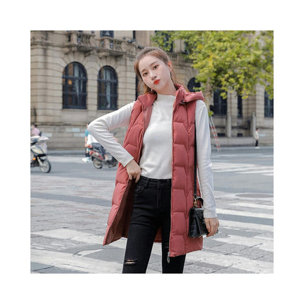 Women Hooded Long Puffer Vest Sleeveless Quilted Coat Winter Gilet Jacket with Pocket