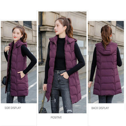 Women Hooded Long Puffer Vest Sleeveless Quilted Coat Winter Gilet Jacket with Pocket