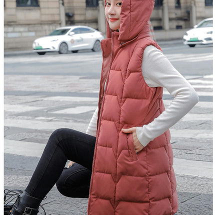 Women Hooded Long Puffer Vest Sleeveless Quilted Coat Winter Gilet Jacket with Pocket