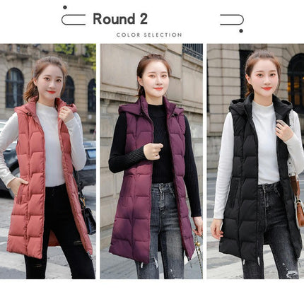 Women Hooded Long Puffer Vest Sleeveless Quilted Coat Winter Gilet Jacket with Pocket