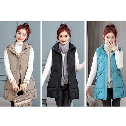 Womens Long Puffer Vest Hooded Sleeveless Winter Coats Jackets