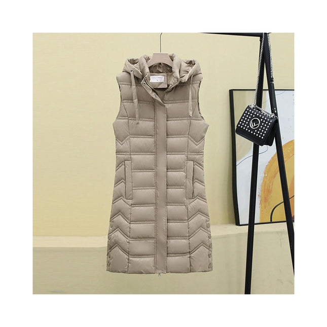 Womens Sleeveless Quilted Long Puffer Vest Hooded Full Zip Jacket Coats with Pockets