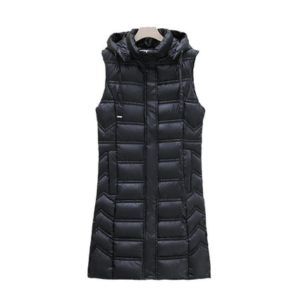 Womens Sleeveless Quilted Long Puffer Vest Hooded Full Zip Jacket Coats with Pockets