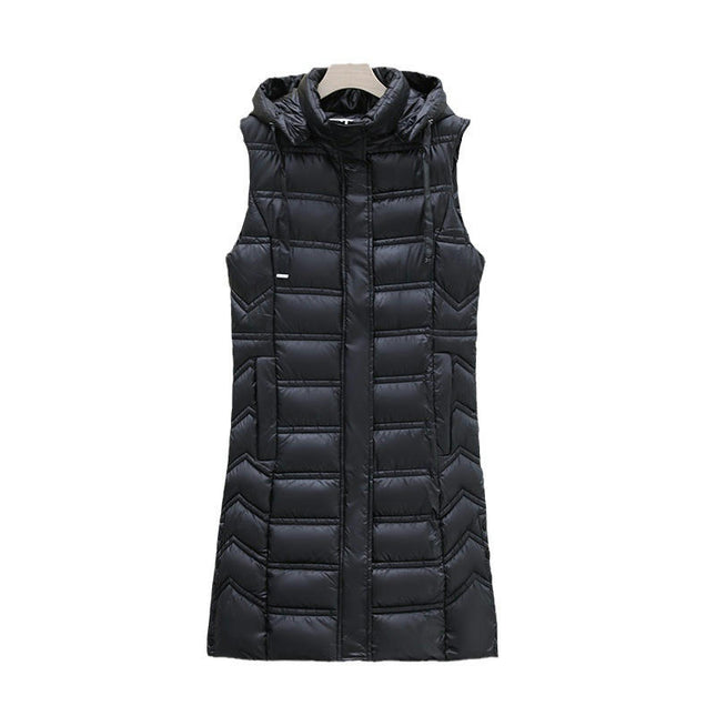Womens Sleeveless Quilted Long Puffer Vest Hooded Full Zip Jacket Coats with Pockets