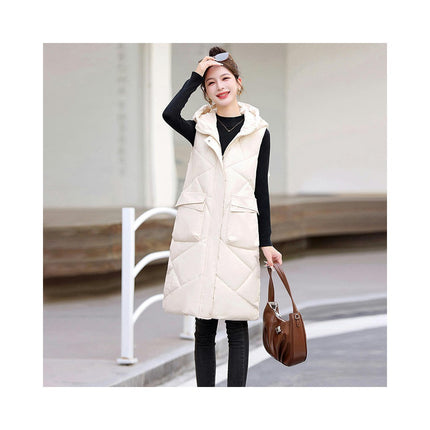 Womens Long Quilted Puffer Vest Sleeveless Hooded Full Zip Winter Warm Coats