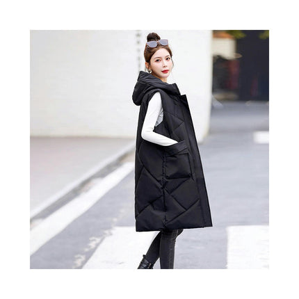 Womens Long Quilted Puffer Vest Sleeveless Hooded Full Zip Winter Warm Coats