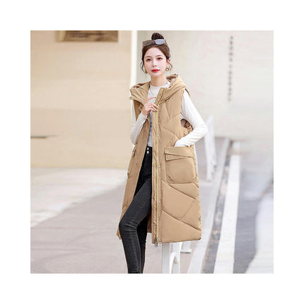 Womens Long Quilted Puffer Vest Sleeveless Hooded Full Zip Winter Warm Coats