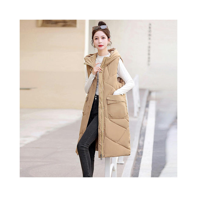 Womens Long Quilted Puffer Vest Sleeveless Hooded Full Zip Winter Warm Coats