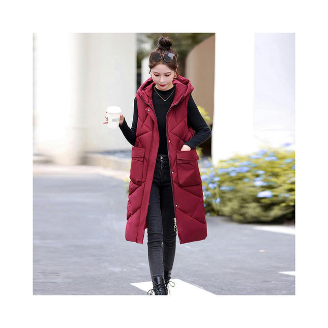 Womens Long Quilted Puffer Vest Sleeveless Hooded Full Zip Winter Warm Coats