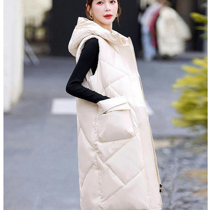 Womens Long Quilted Puffer Vest Sleeveless Hooded Full Zip Winter Warm Coats
