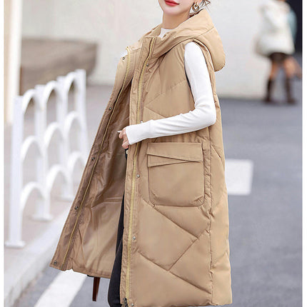 Womens Long Quilted Puffer Vest Sleeveless Hooded Full Zip Winter Warm Coats