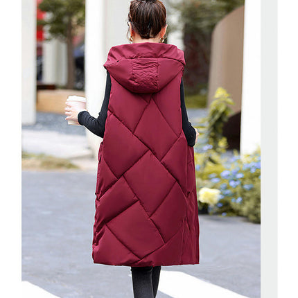Womens Long Quilted Puffer Vest Sleeveless Hooded Full Zip Winter Warm Coats