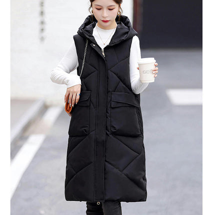 Womens Long Quilted Puffer Vest Sleeveless Hooded Full Zip Winter Warm Coats