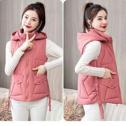 Womens Quilted Puffer Vest Hooded Winter Zip Up Short Coats with Pockets