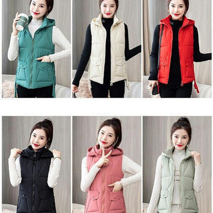 Womens Quilted Puffer Vest Hooded Winter Zip Up Short Coats with Pockets
